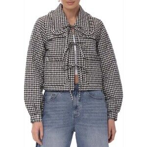 Avec Les Filles Gingham Quilted Jacket Women's Small Ruffle Trim Tie Front Twee